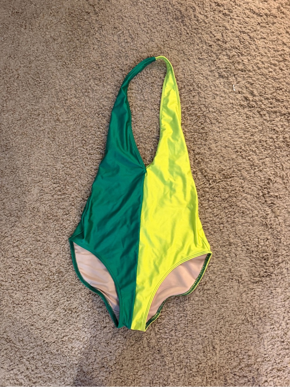 Los Angeles Apparel Green and Lime Colorblock Halter Swimsuit